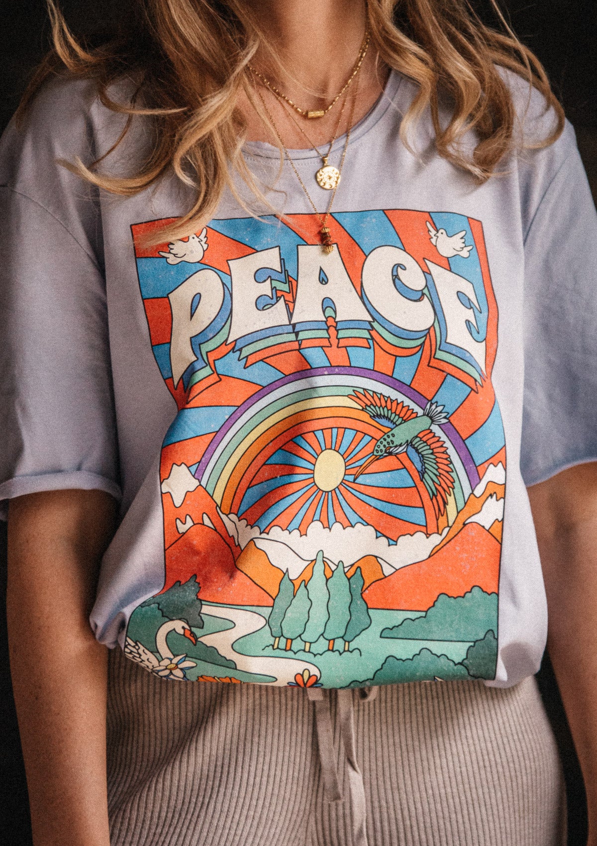 T-SHIRT FEMME BLEU - PEACE - COTON 100% BIO