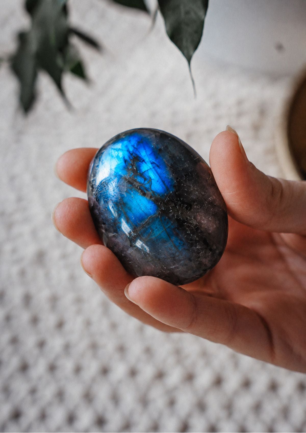 Détail galet labradorite poli — reflets adularescents bleu-vert caractéristiques, pierre semi-précieuse de lithothérapie, chakra du troisième œil et couronne