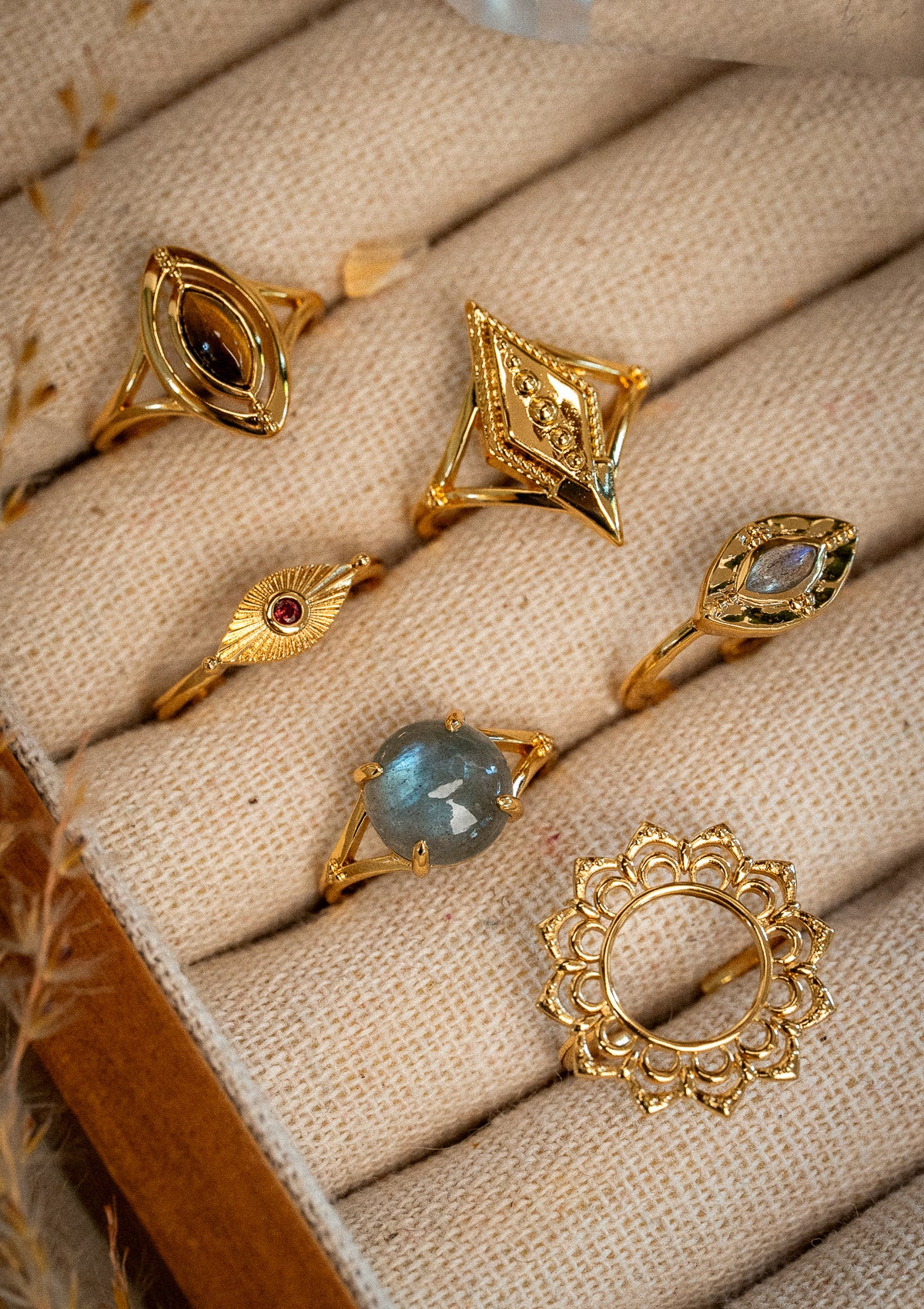 Bague sertie d’un cabochon rond en Labradorite (10 mm)