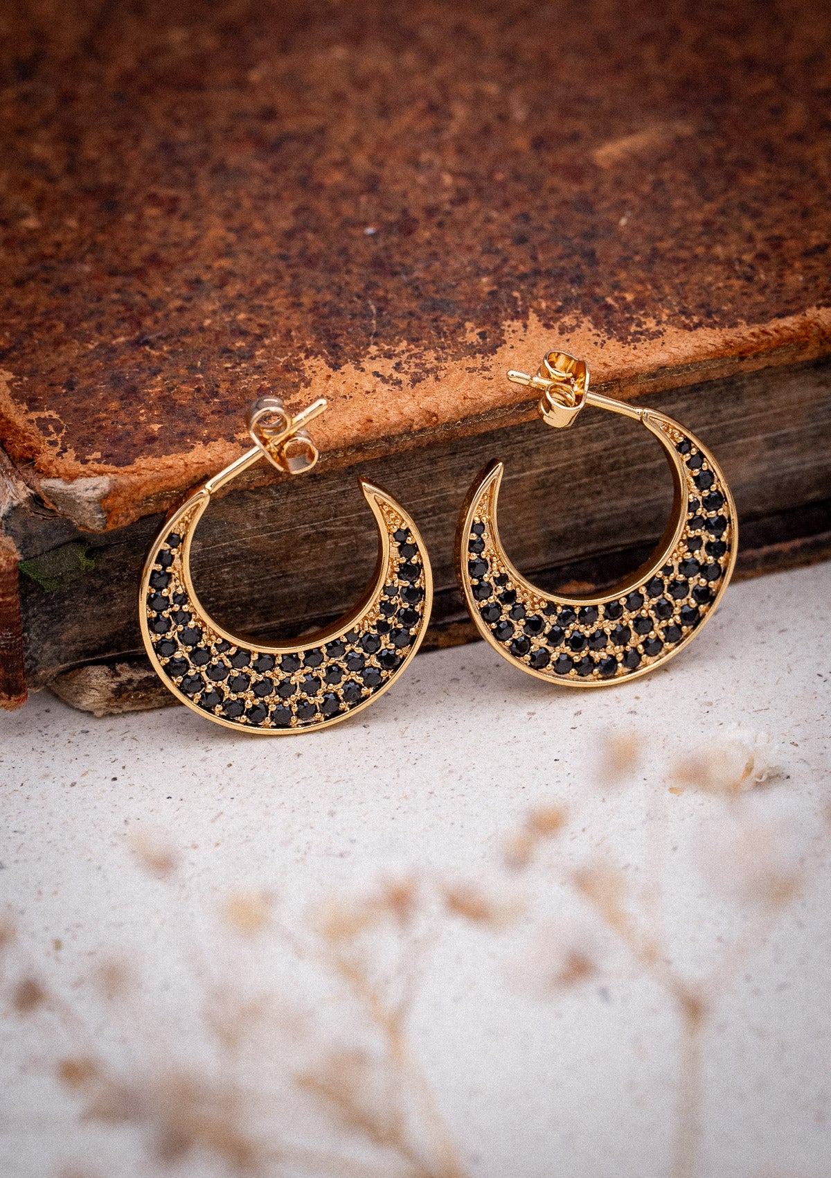 Créoles en forme de croissant de lune (20 mm) onyx noir