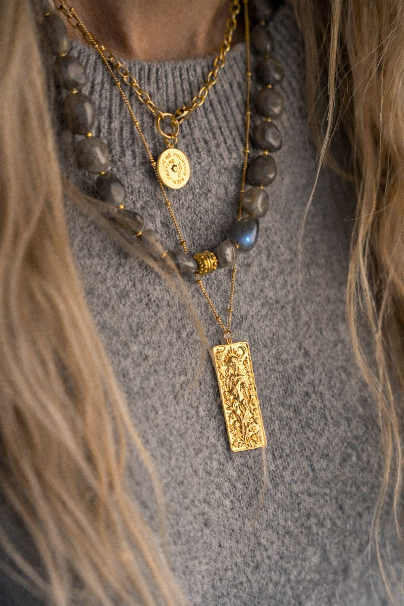 Collier massif en acier inoxydable doré avec galets de Labradorite