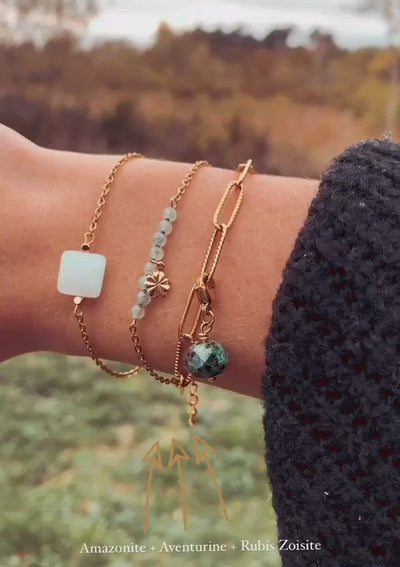 Bracelet Trèfle à 4 Feuilles en Argent et Pierres Naturelles - Aventurine