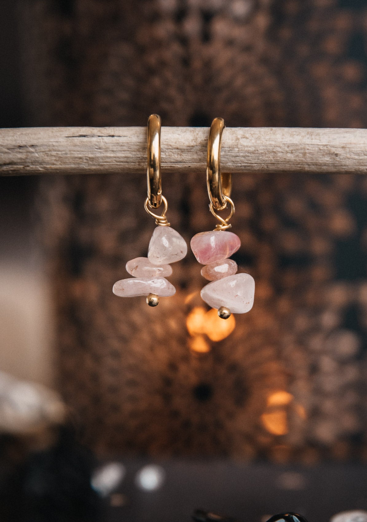Créoles avec pierres - Ombre et Lumière quartz rose