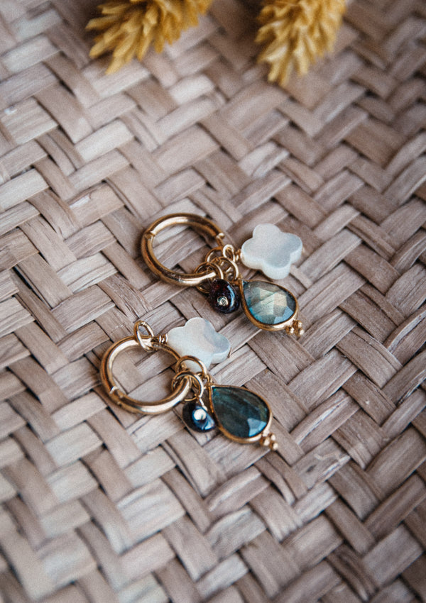 Créoles Gri-Gri Labradorite, Grenat et Trèfle - Chance